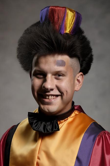 00127-1400361781-_lora_school_yearbook_photos_1_, school yearbook photos, background,  portrait,_boy, Clown wig with a graduation gown, Mohawk, s.png